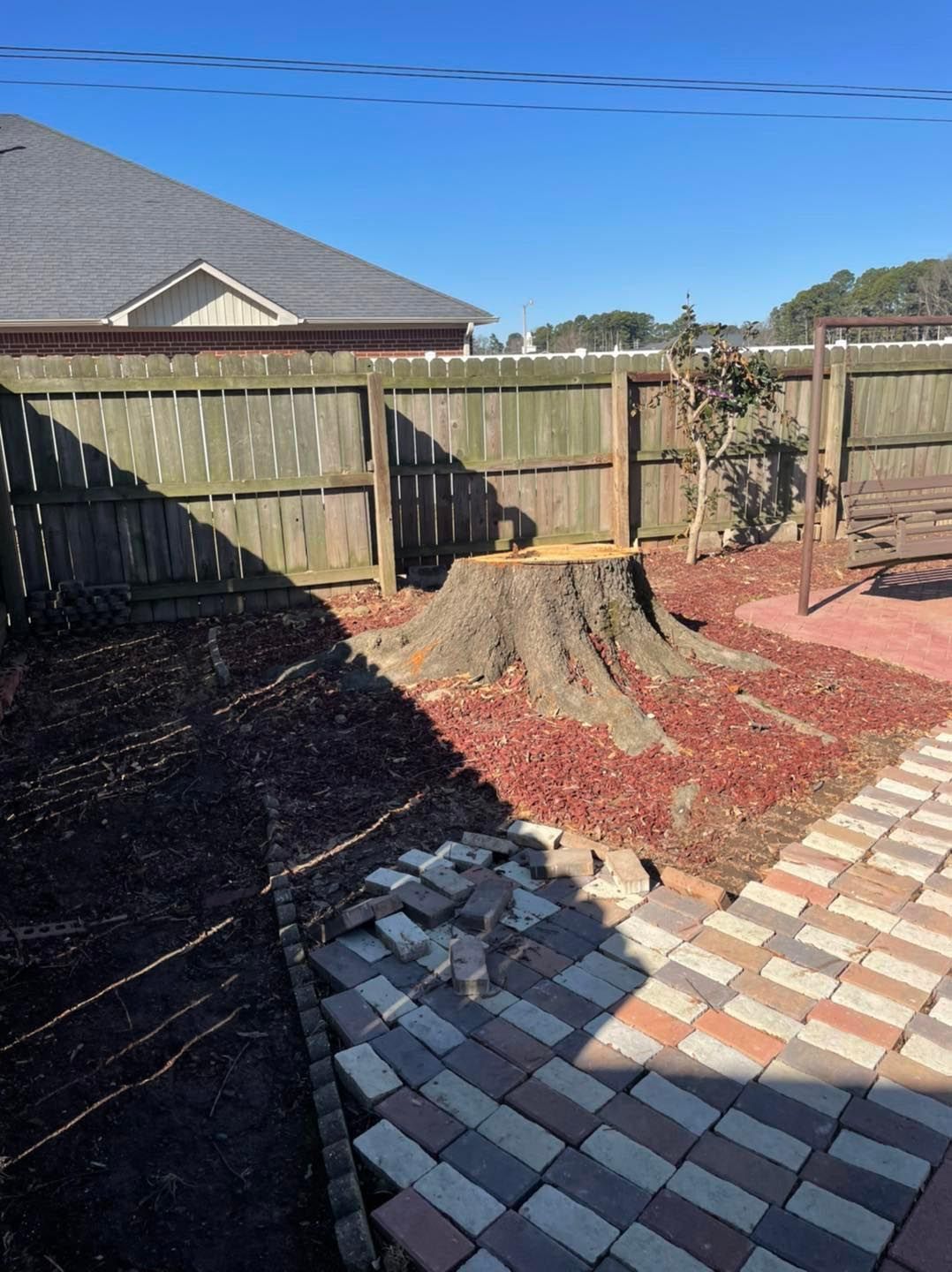 A tree stump in a backyard next to a wooden fence.