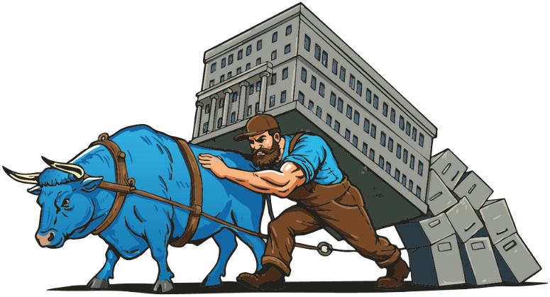 Blue ox and man straining to pull a building and boxes.