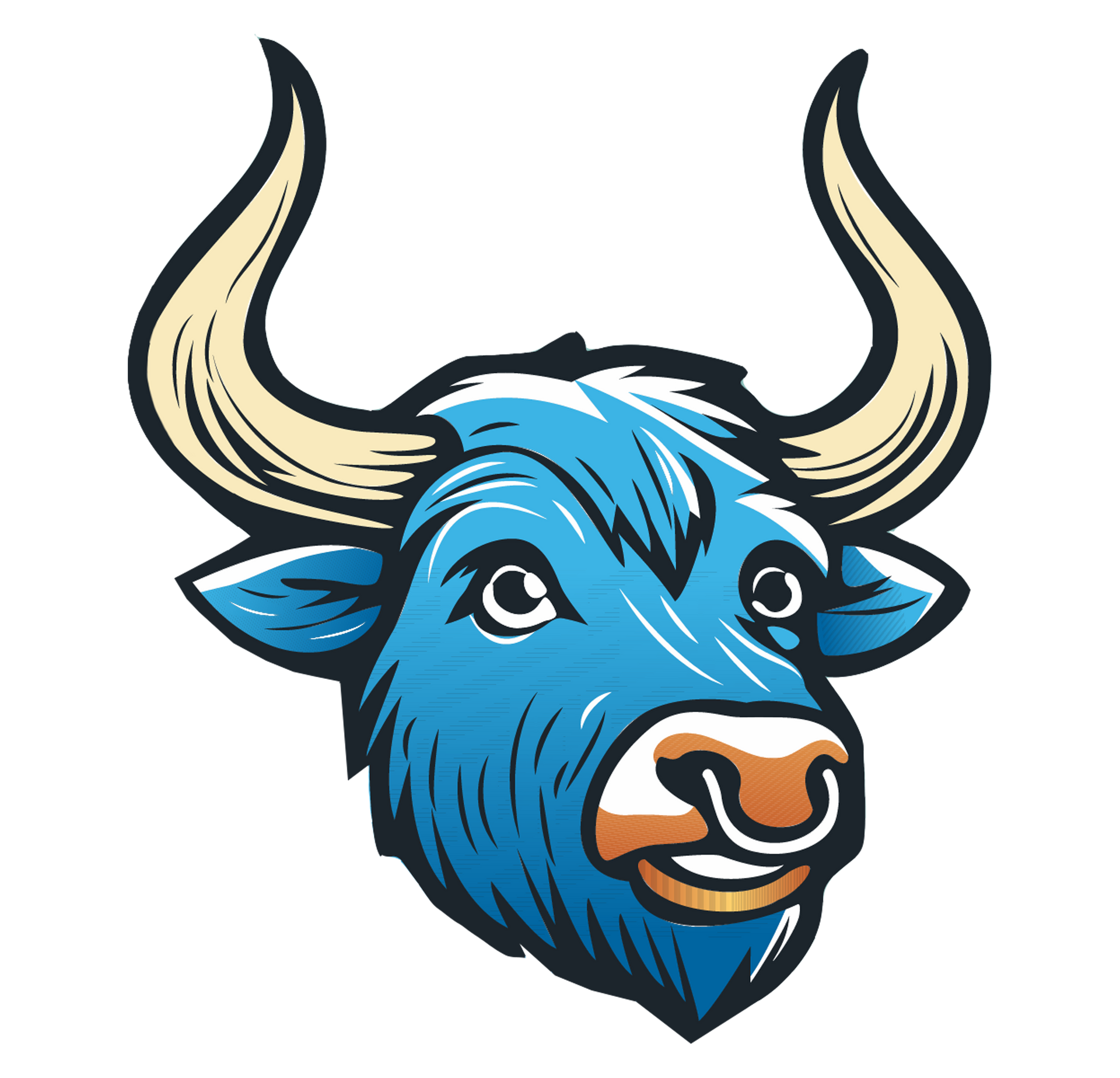 Blue bull head with tan horns and nose ring.