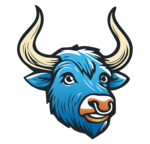 Blue bull head with curved horns and open mouth.