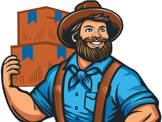 Man in hat and suspenders carrying stacked boxes, smiling.