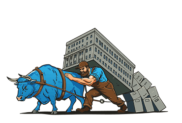 Blue ox and man straining to pull a building and boxes.