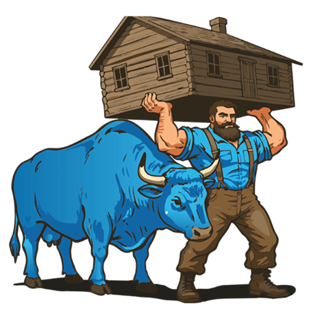A muscular man with a beard balances a log cabin on his head, beside a blue ox.