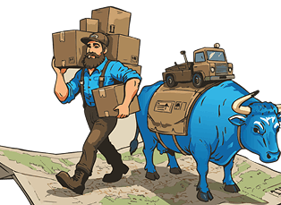 Man with boxes walks, blue bull carries truck and boxes on a map.