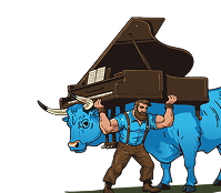 A blue bull with a muscular man carrying a grand piano on its back.