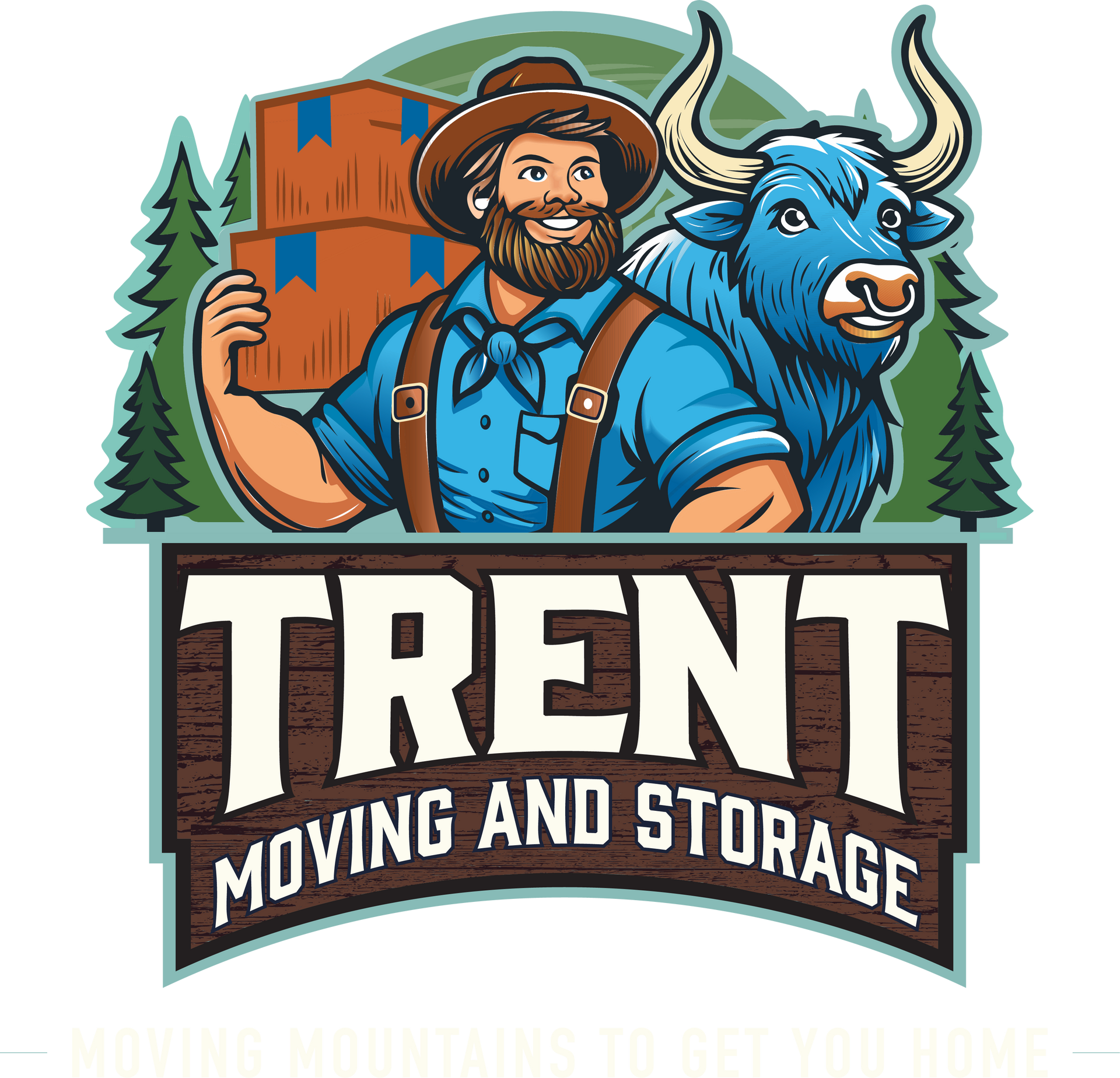 Logo for Trent Moving and Storage: Man with boxes and bull.