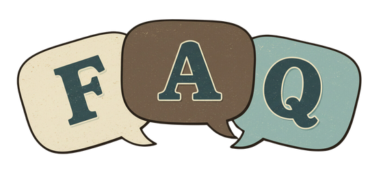 FAQ in speech bubbles. The bubble colors are cream, brown, and blue-green. The letters inside are a dark green.