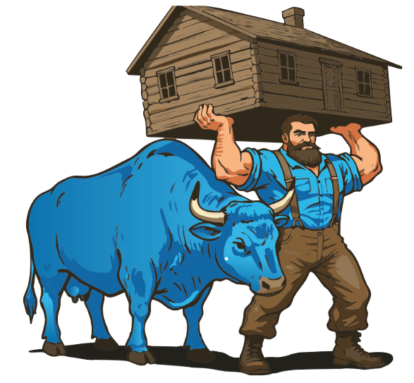A muscular man holds a small wooden house over his head, next to a large blue ox.