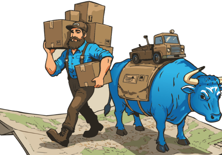 Man carrying boxes walks with blue ox carrying a truck and supplies on a map.
