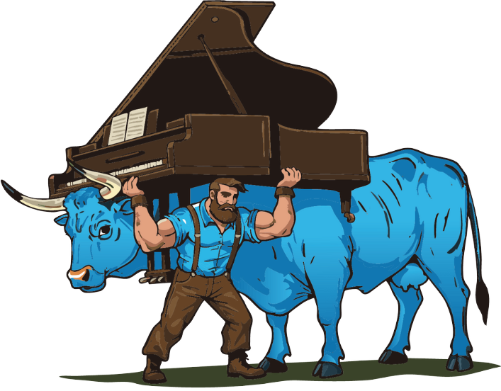 A blue bull and a muscular man lifting a brown grand piano.