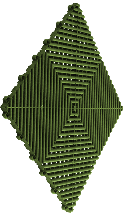 A green plastic tile with a geometric pattern on a white background.