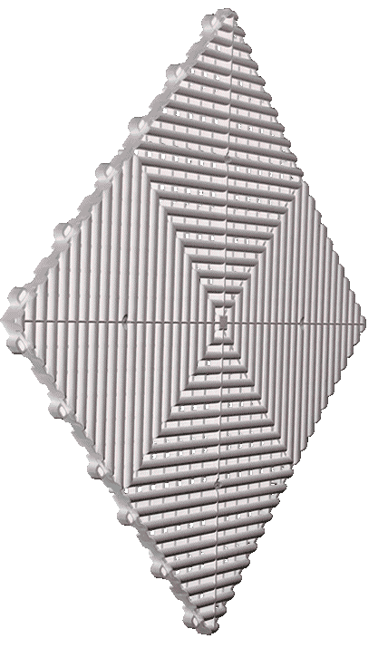 A white square tile with a geometric pattern on a white background.