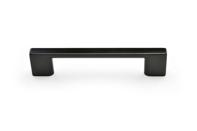 A black cabinet handle on a white background.