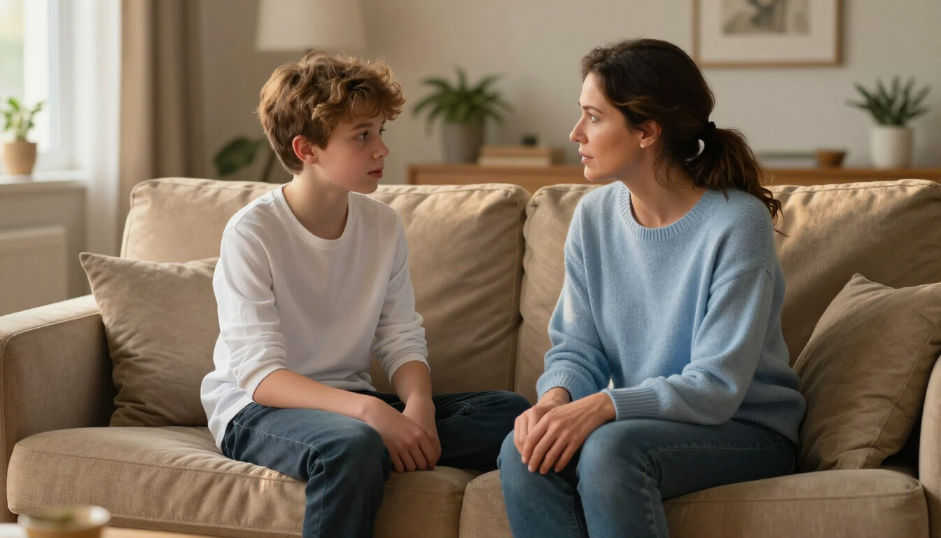 Een ouder en kind in gesprek over ADHD signalen en gedrag.