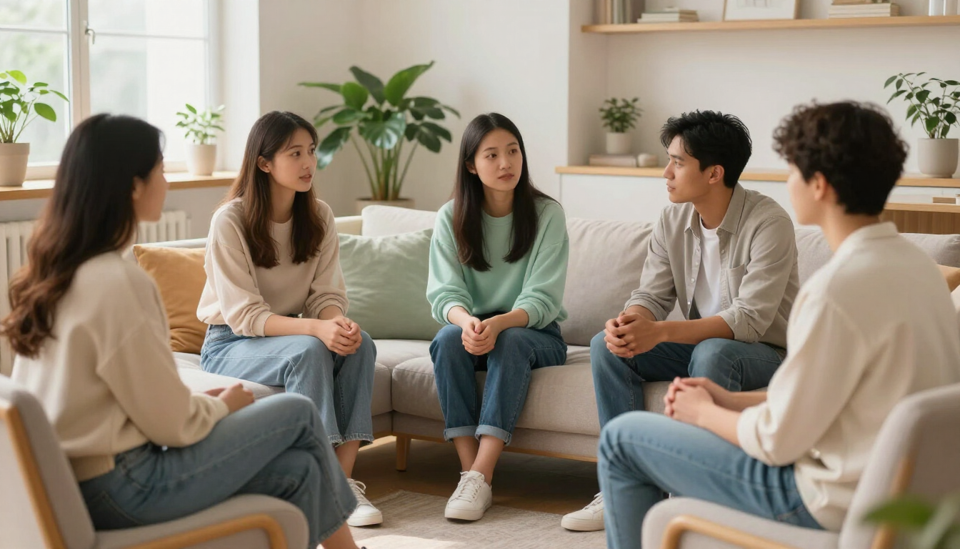 Groep jongvolwassenen in gesprek