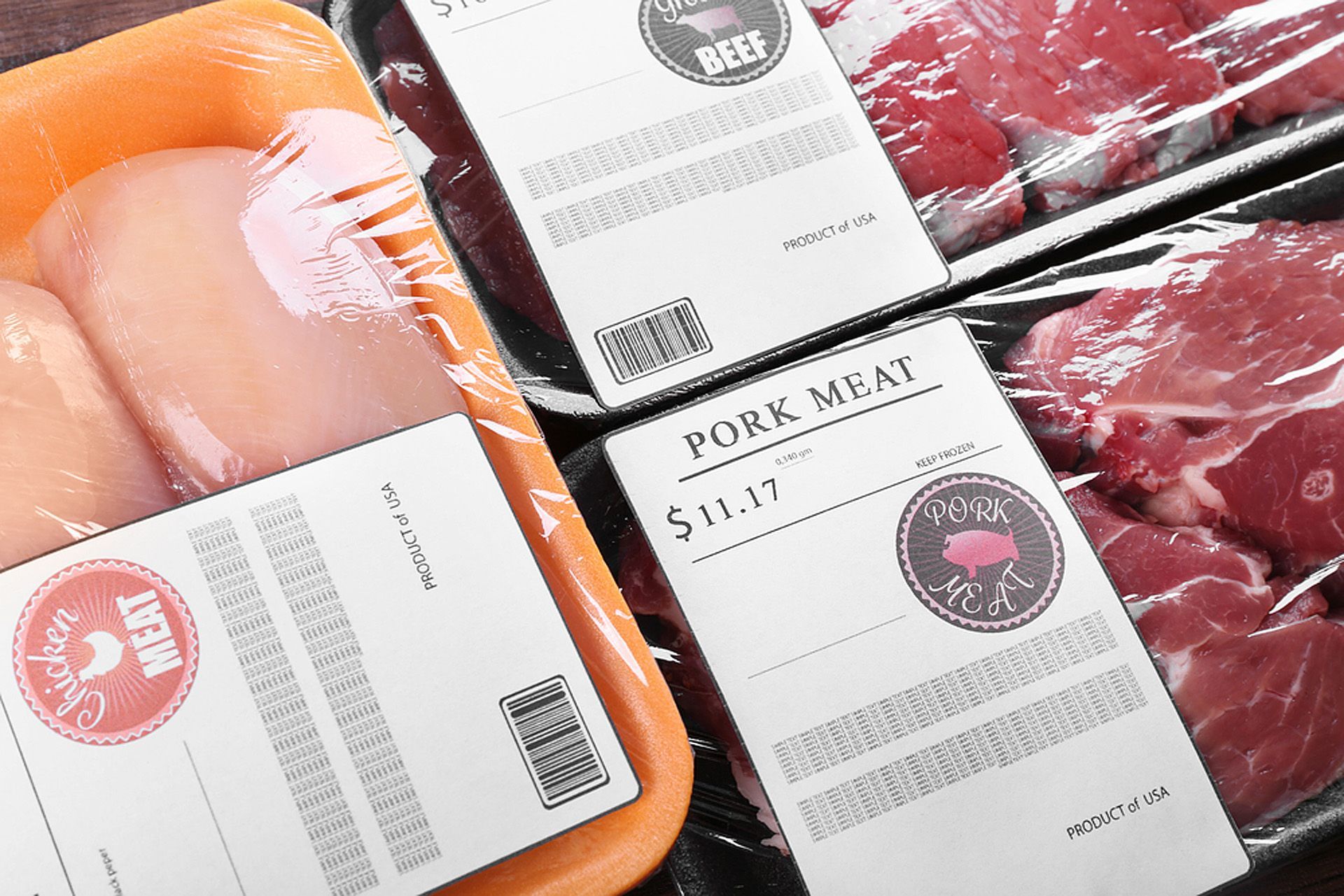A tray of chicken and pork meat are sitting on a table — Aldine Printers in Bungalow, QLD