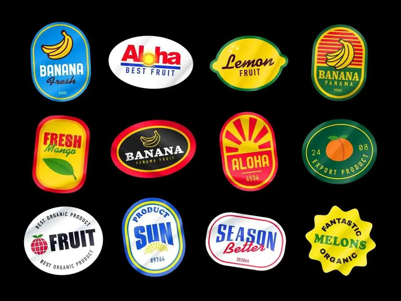 A Bunch of Different Fruit Labels on a Black Background — Aldine Printers in Bungalow, QLD