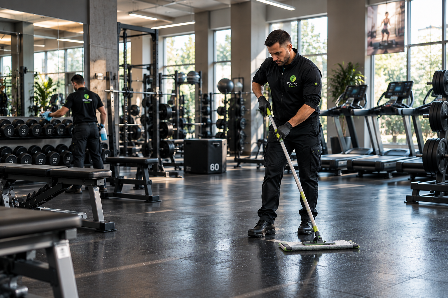 Un addetto della palestra lava il pavimento lucido tra gli attrezzi in una luminosa sala fitness