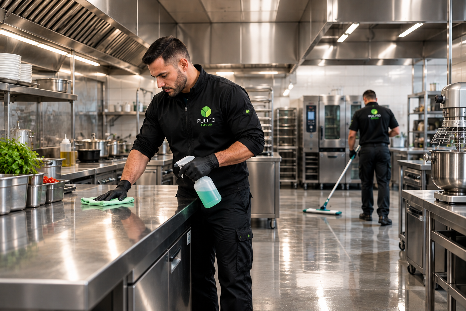 Personale di cucina che pulisce piani di lavoro in acciaio inox con flaconi spray e panni