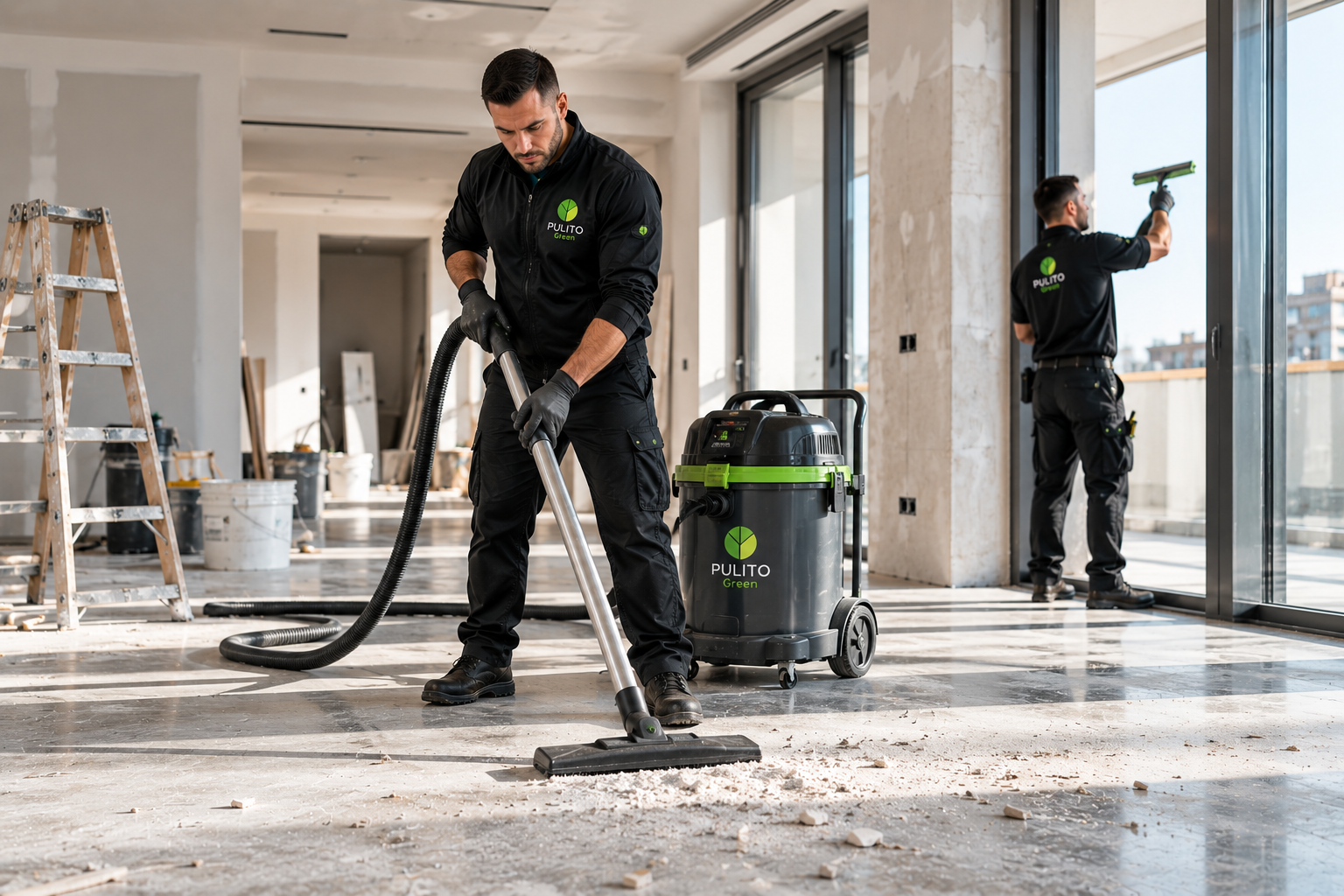 Un addetto alle pulizie aspira i detriti in un ufficio luminoso durante i lavori di pulizia del cantiere, con attrezzature e una scala nelle vicinanze