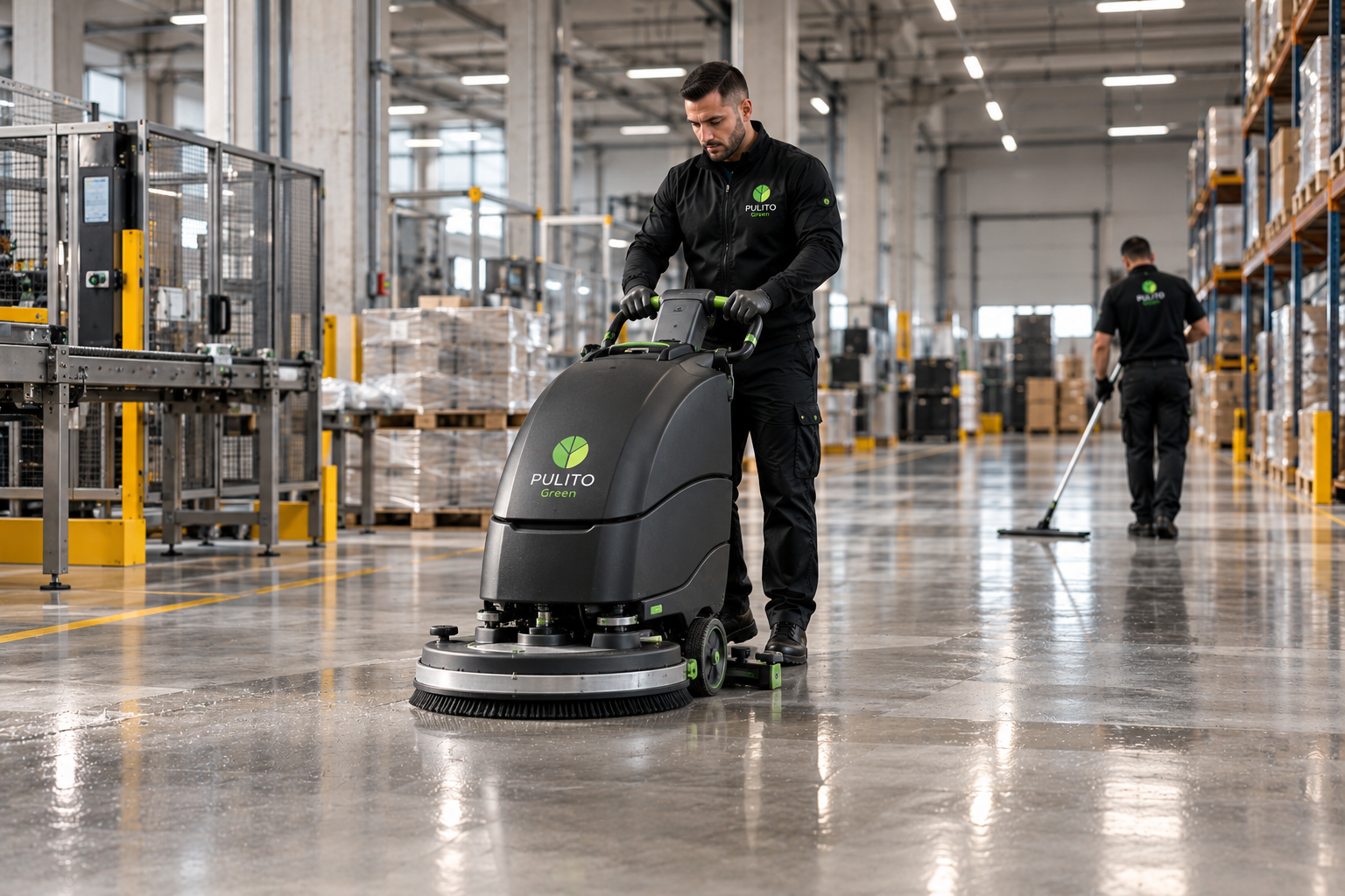 Lavasciuga industriale in funzione in un magazzino, con operai sullo sfondo