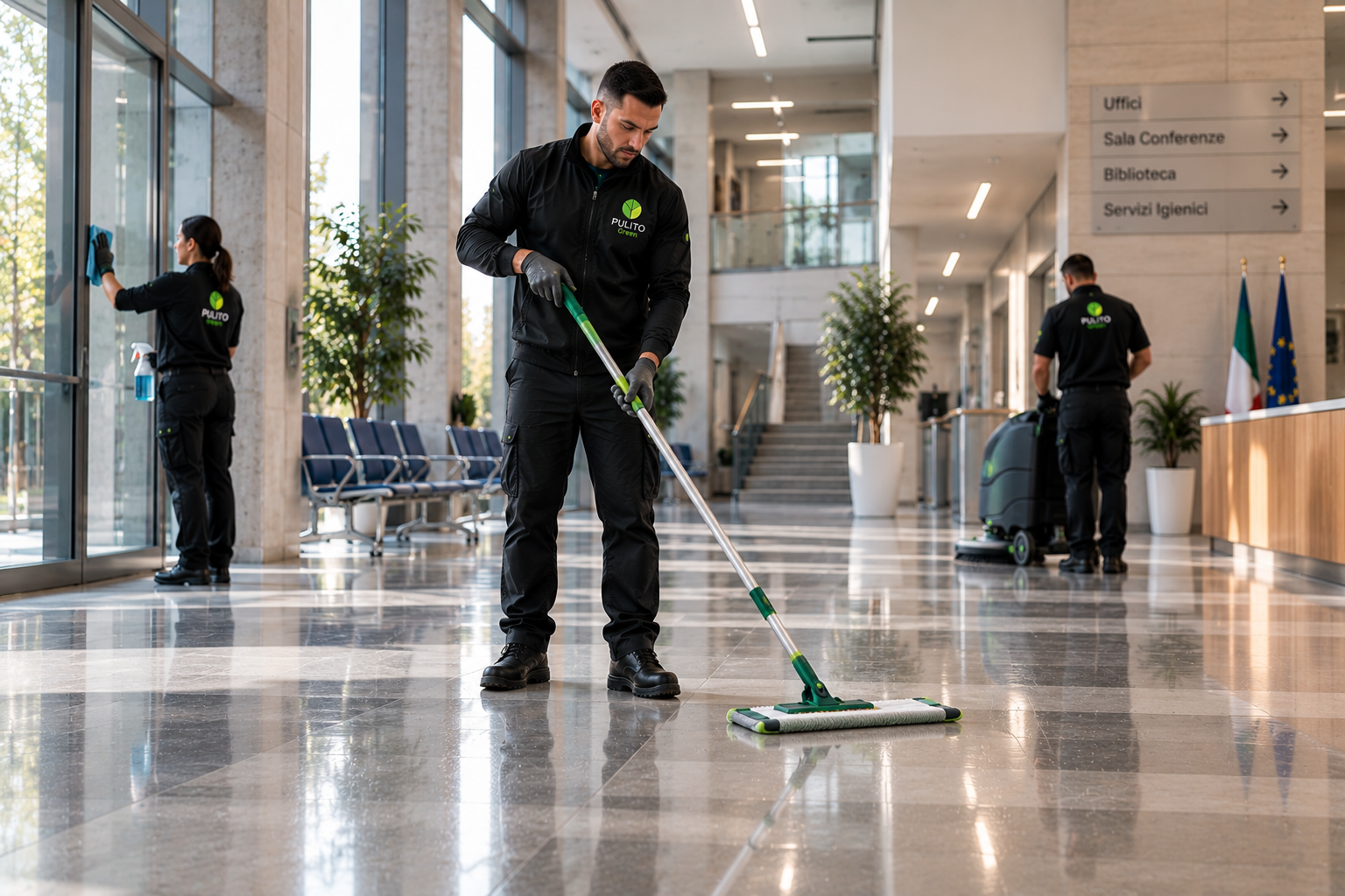 Addetti alle pulizie che lavano il pavimento di una luminosa hall di un ufficio con mop e secchi