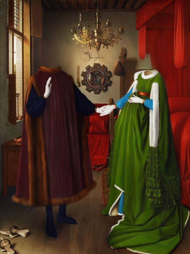 Two headless figures in a bedroom. One in a red cloak with fur trim, other in a green dress.