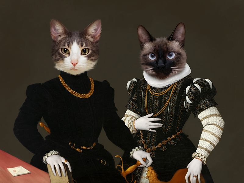 Two cats with human bodies dressed in 16th-century style formal clothing, sitting for a formal royal portrait.