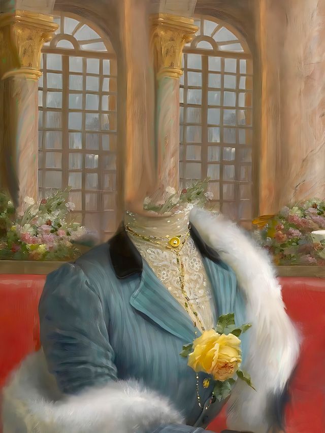 Elegant woman's body in blue jacket and fur stole, holding a yellow rose, posing in a room with pillars.