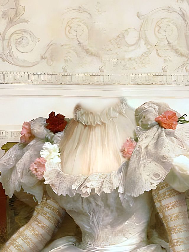 Woman's ornate white dress with lace and floral accents. Blurry face area against a decorative wall.