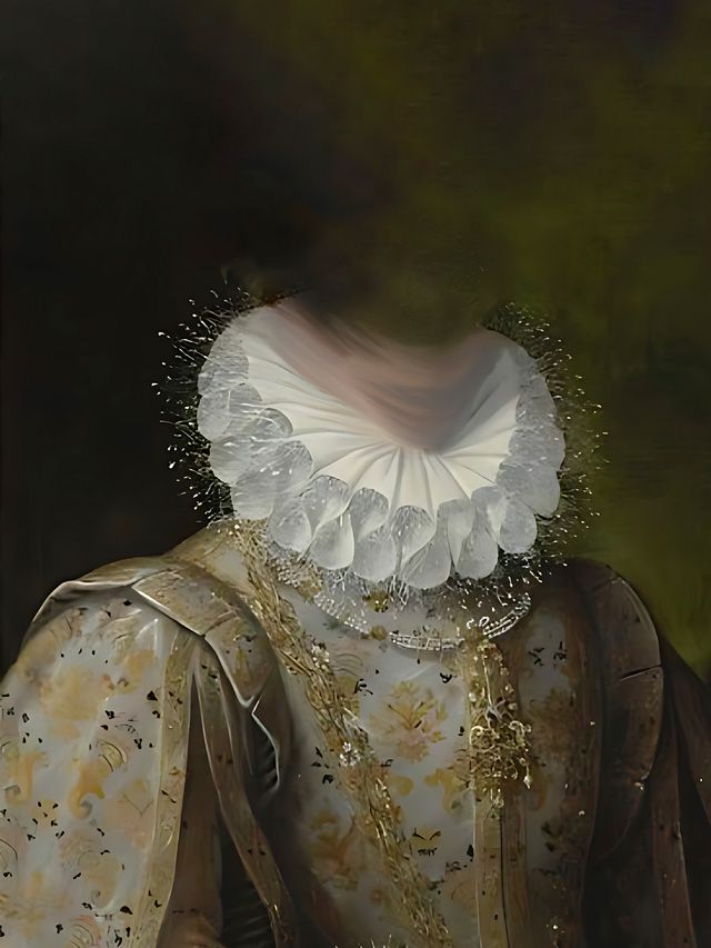 Person in ornate clothing with a large white ruff collar and gold jewelry, against a dark green backdrop.