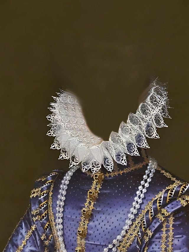 Back view of a person wearing a lace collar and blue embroidered outfit with pearl necklace.