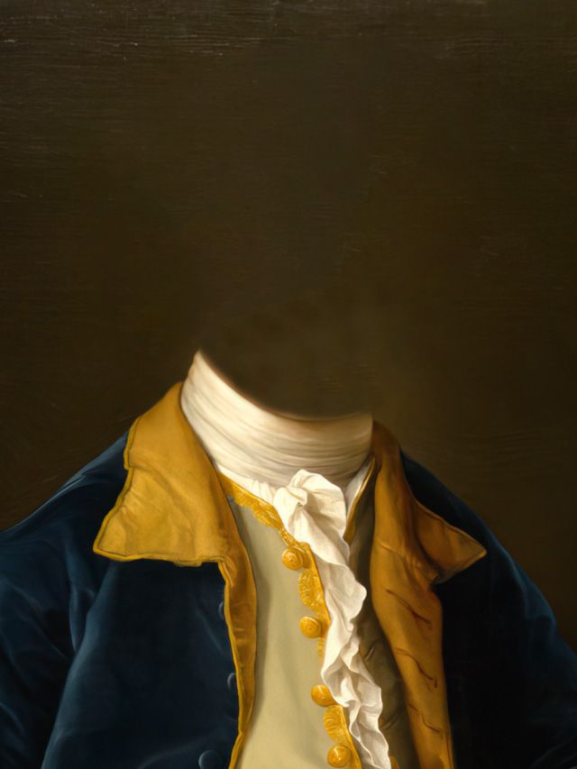 Blue coat with yellow trim, white ruffled shirt and golden buttons against a dark background.