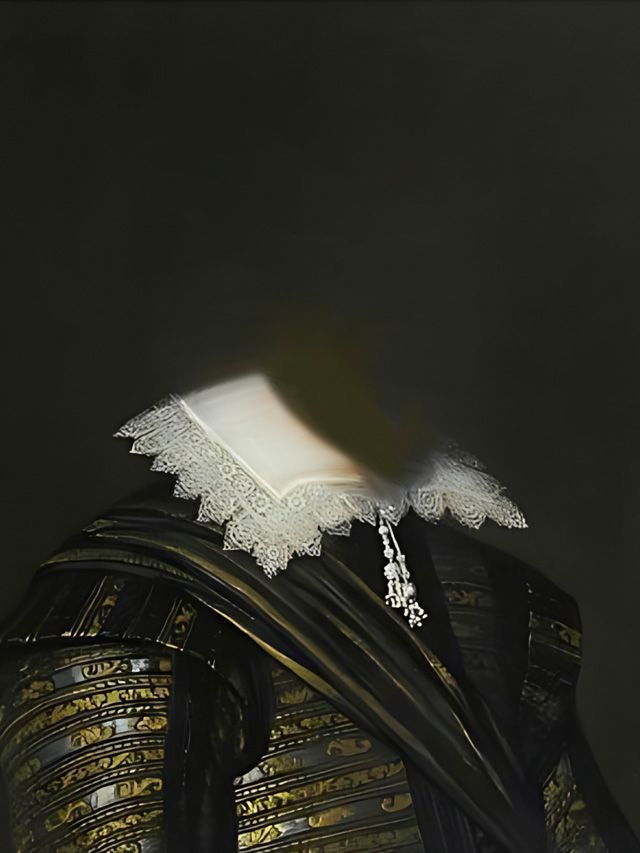 Formal attire with lace collar, gold and black embellishments.