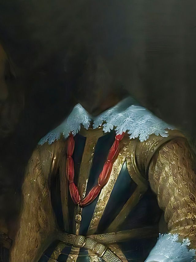 Man in ornate gold and blue armor with a red necklace and light blue collar. Dark background.