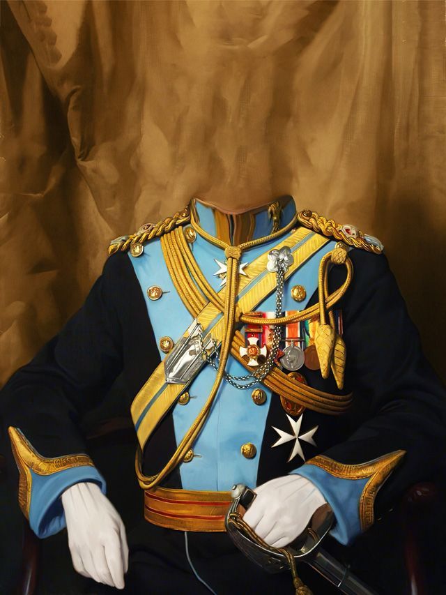Military uniform, light blue and navy jacket with gold trim, medals, and white gloves, holding a sword.