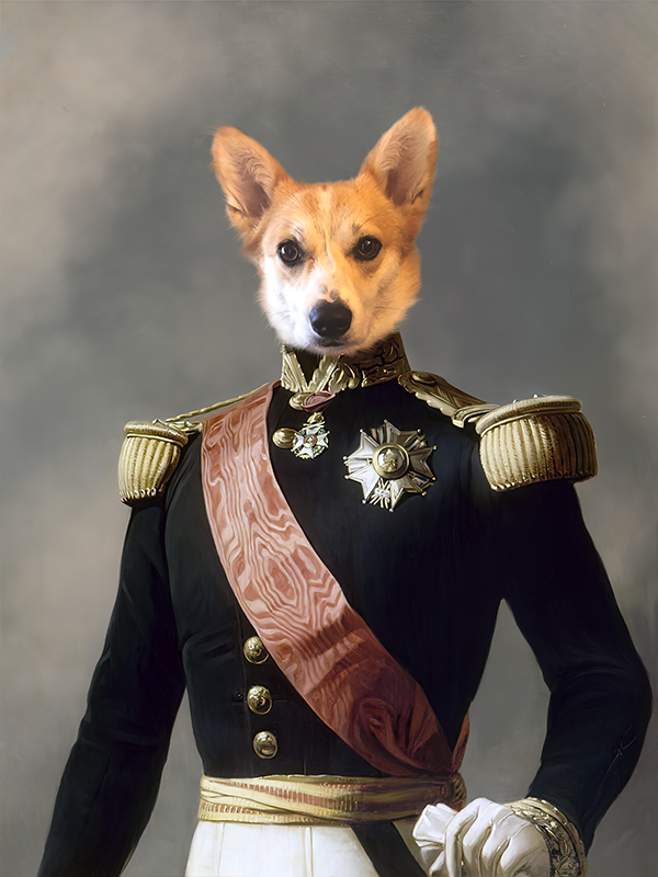 A Corgi dog with a serious expression, wearing a formal 19th-century military uniform with gold epaulettes and medals.