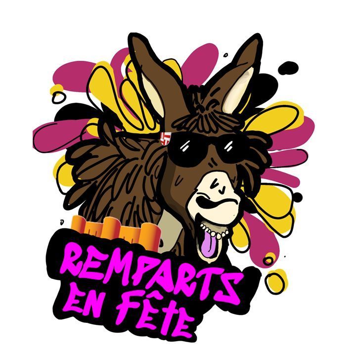 Un âne souriant portant des lunettes de soleil avec l'inscription « Remparts en Fête ». Fond abstrait coloré.