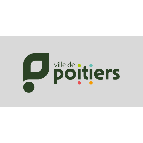 Logo de la ville de Poitiers : Forme de feuille verte avec un point, le mot