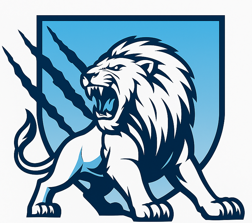 Lion blanc rugissant avec une crini&egrave;re et des griffes bleues sur un bouclier bleu.