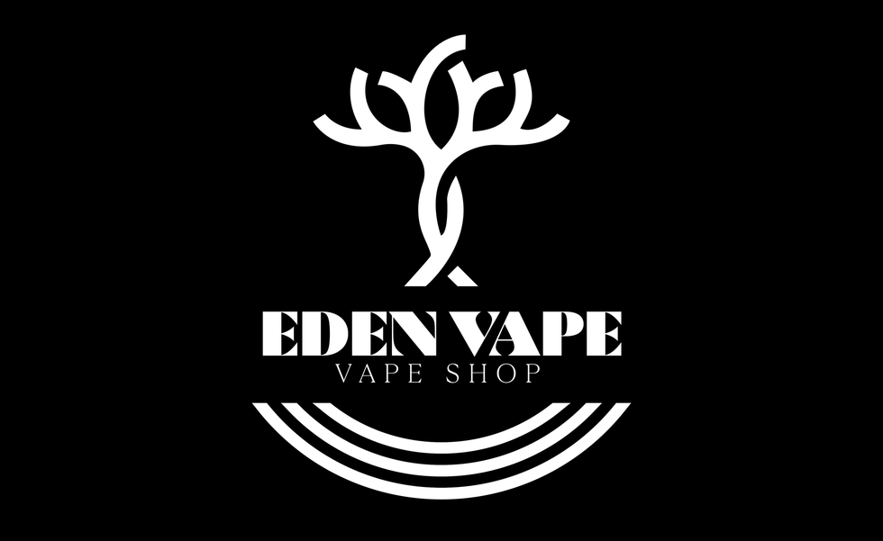 Un logo bianco su sfondo nero per il negozio di sigarette elettroniche Eden Vape.