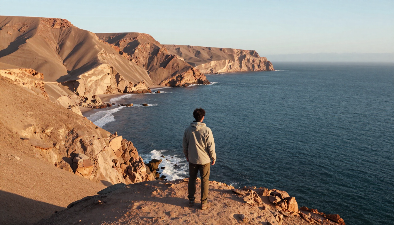 Una persona está de pie en un acantilado rocoso con vistas al océano y a montañas costeras iluminadas por el sol.