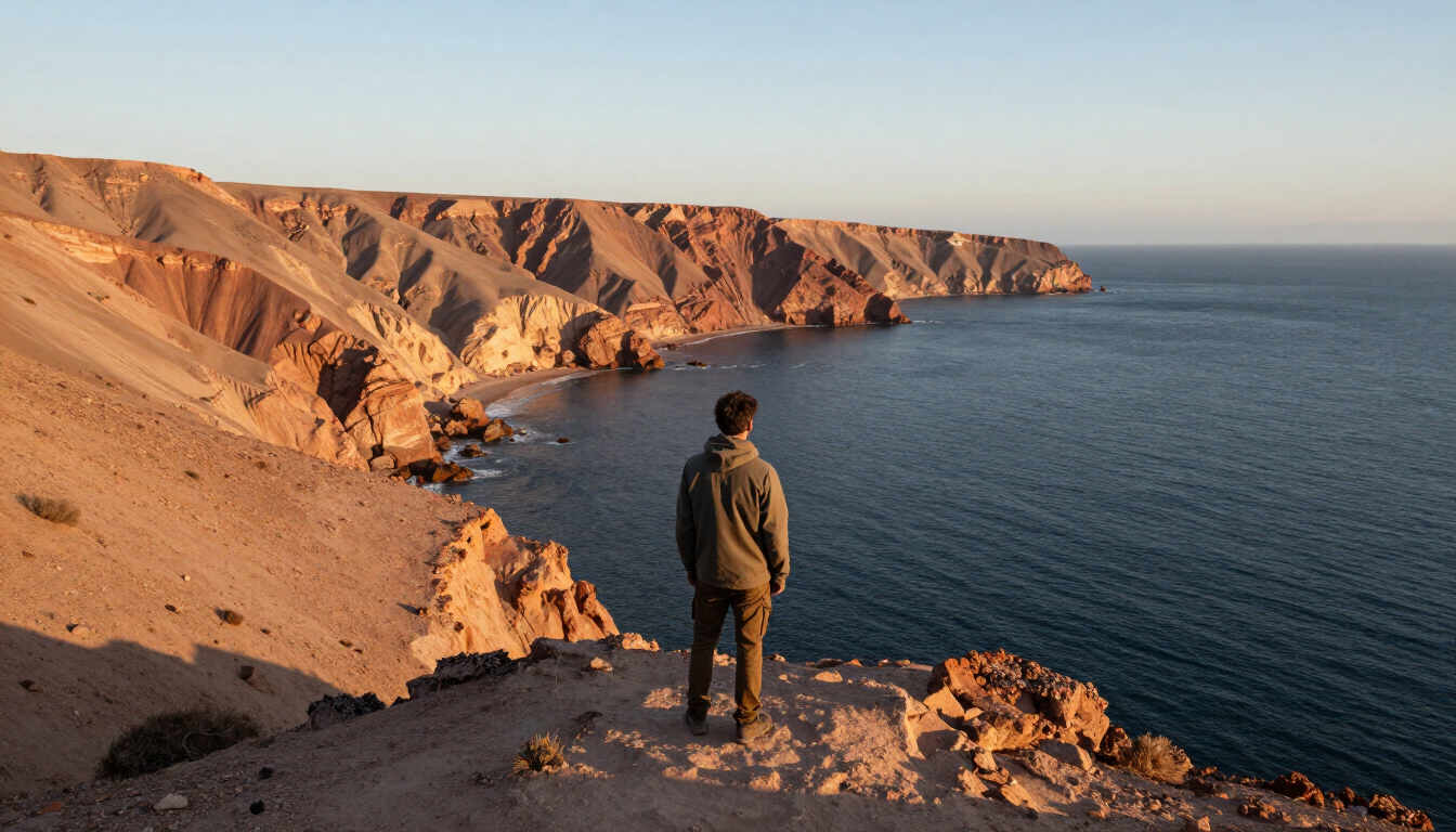 Una persona de pie en un acantilado rocoso, contemplando un mar azul y tranquilo al atardecer