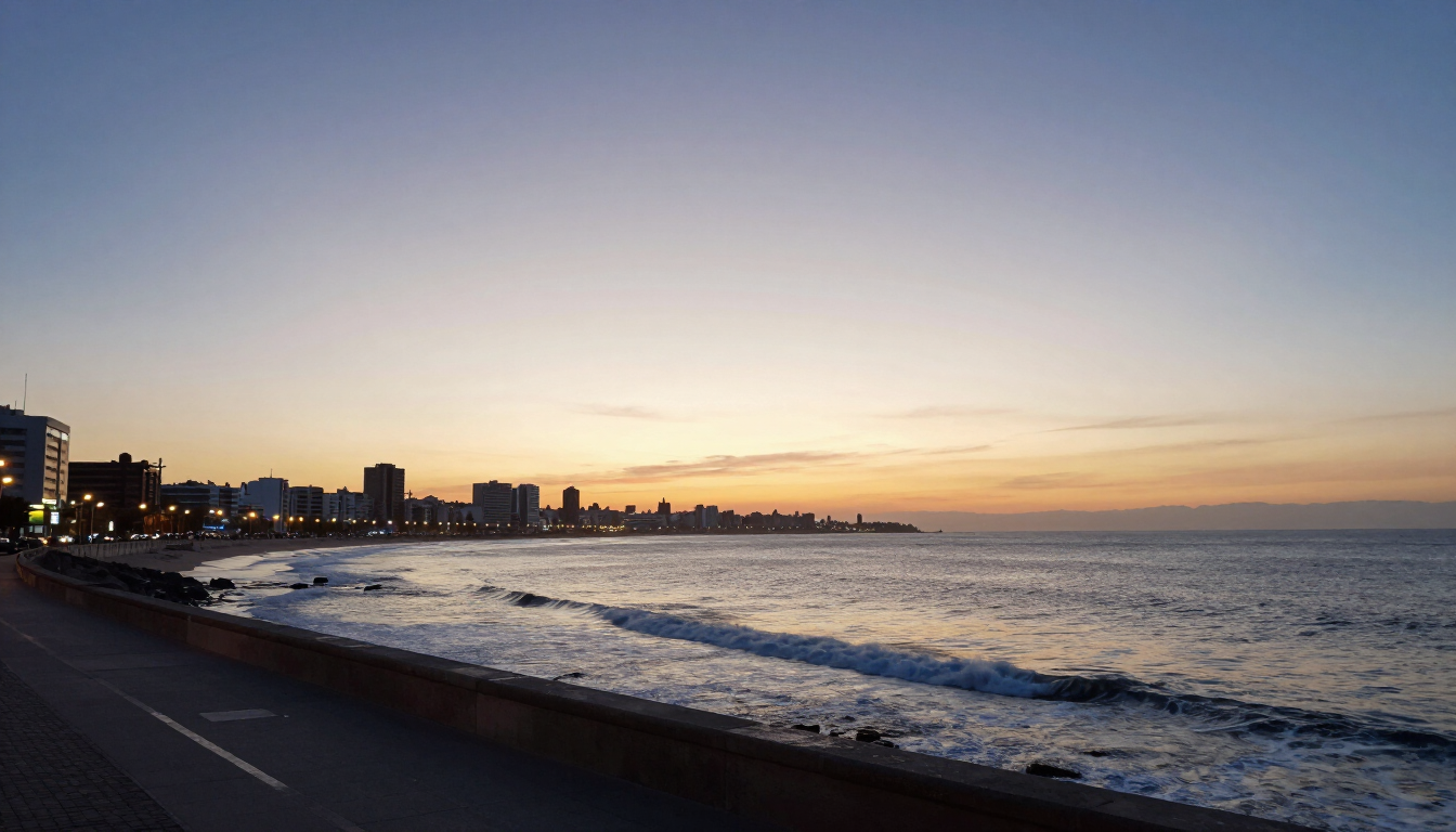 Carretera costera al atardecer, con olas tranquilas del océano y el perfil de una ciudad a lo lejos bajo una luz cálida