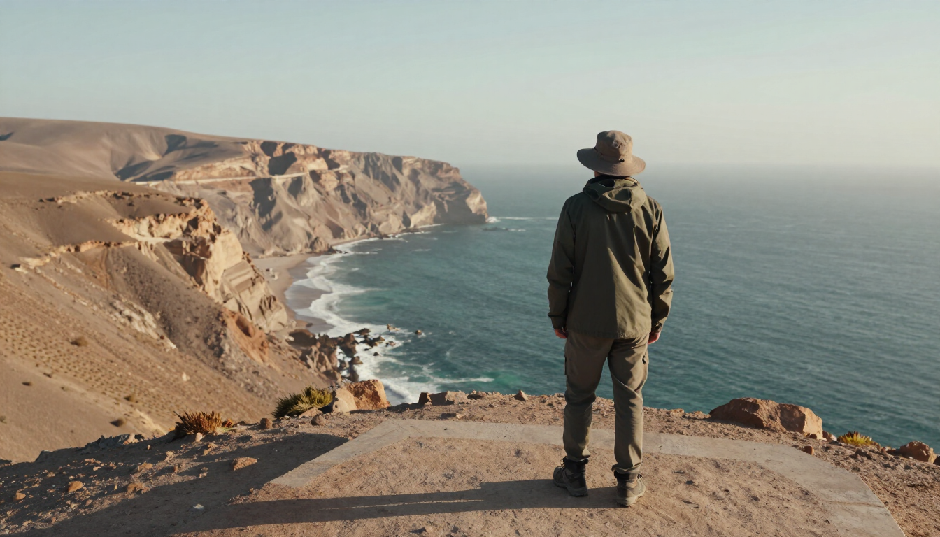 Una persona está de pie en un acantilado con vistas a una costa escarpada y un mar azul en calma.