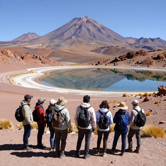 Excursionistas contemplando un lago geotérmico de color turquesa, con un volcán y colinas desérticas al fondo