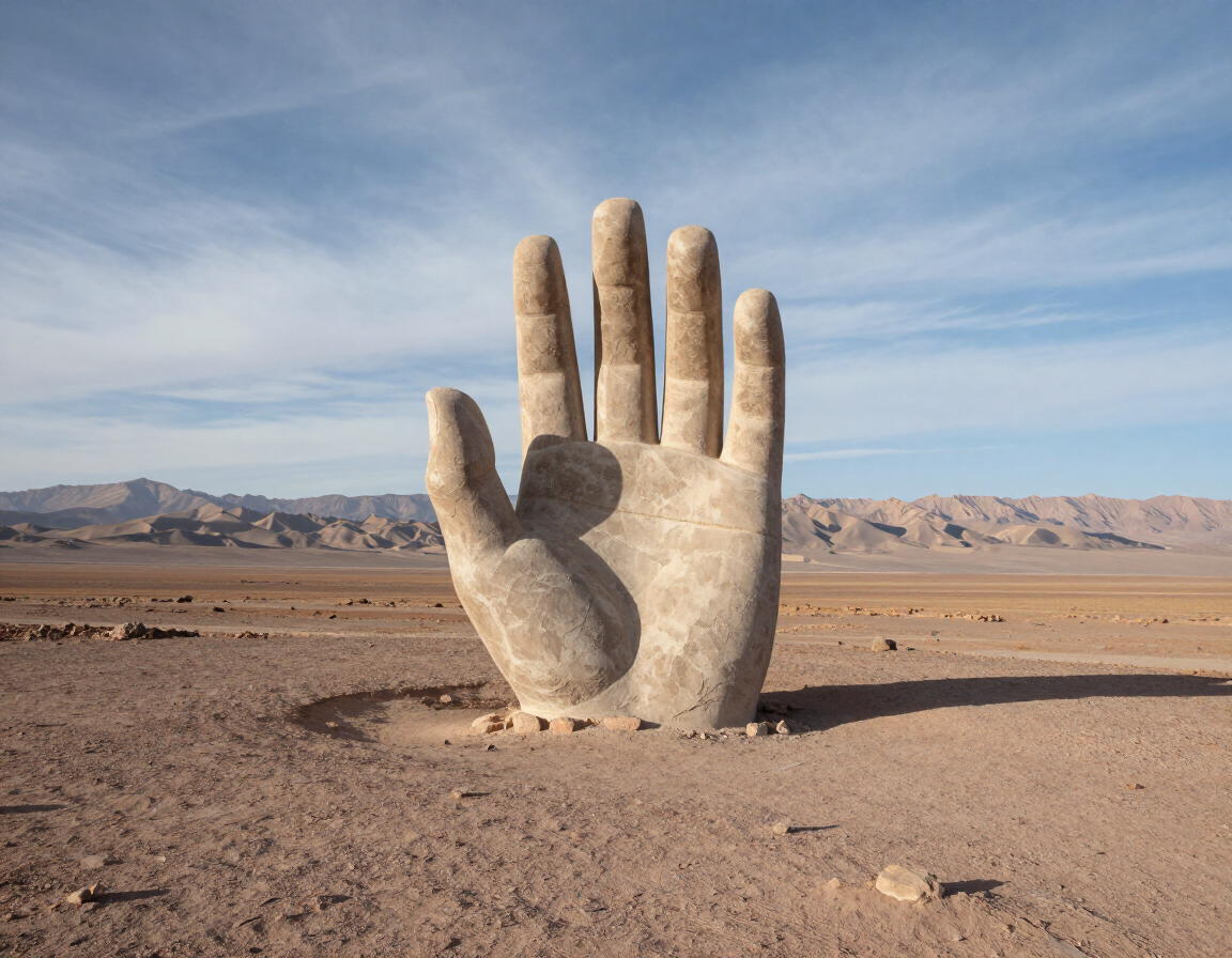 Una gigantesca escultura de una mano de piedra se alza sobre una llanura desértica