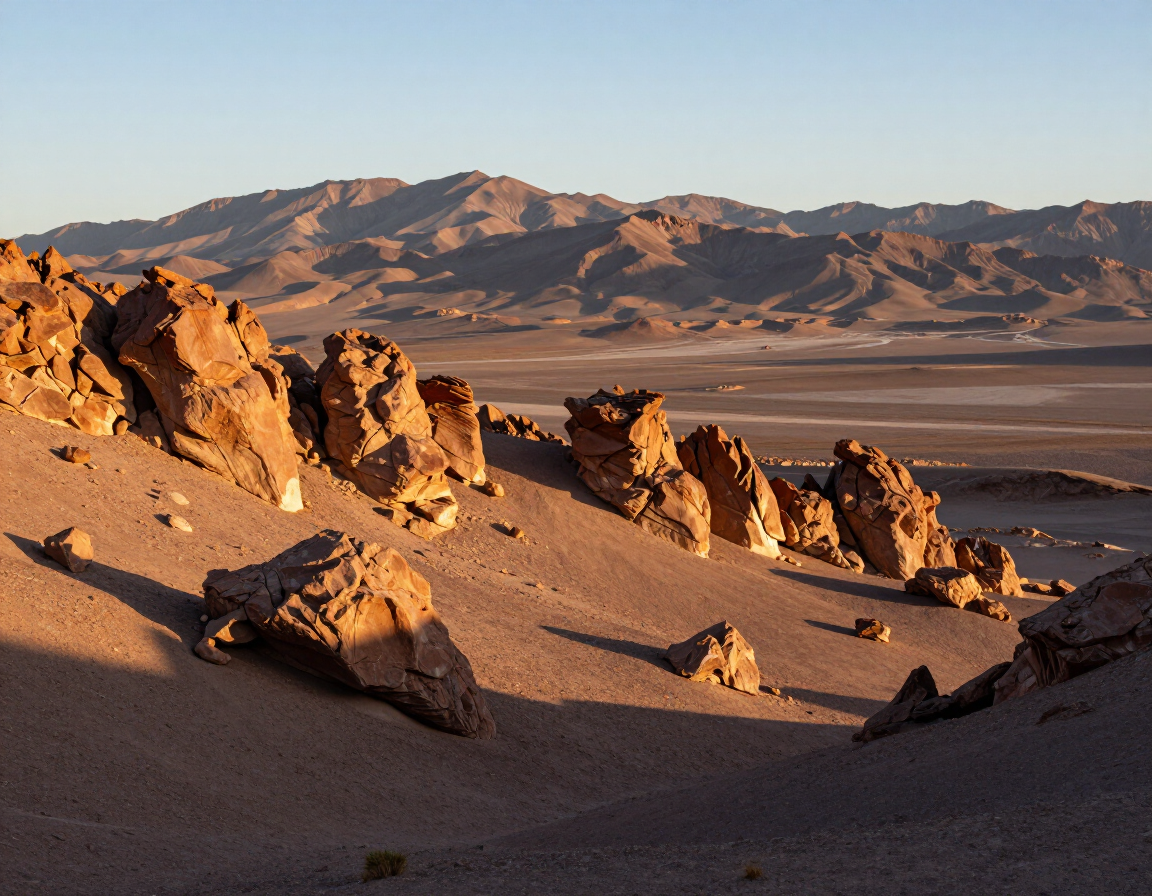 Paisaje desértico rocoso con dunas de arena iluminadas por el sol y montañas lejanas bajo un cielo despejado