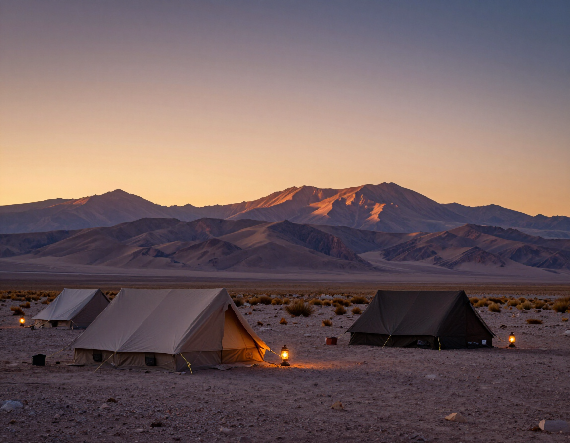 Campamento en el desierto al anochecer, con tiendas iluminadas y montañas lejanas bajo un cielo púrpura que se oscurece