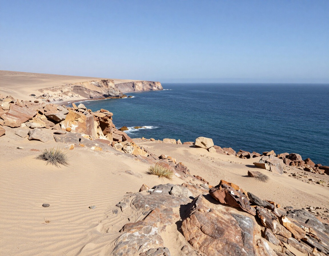 Costa rocosa y desértica con dunas de arena y un mar azul intenso bajo un cielo despejado